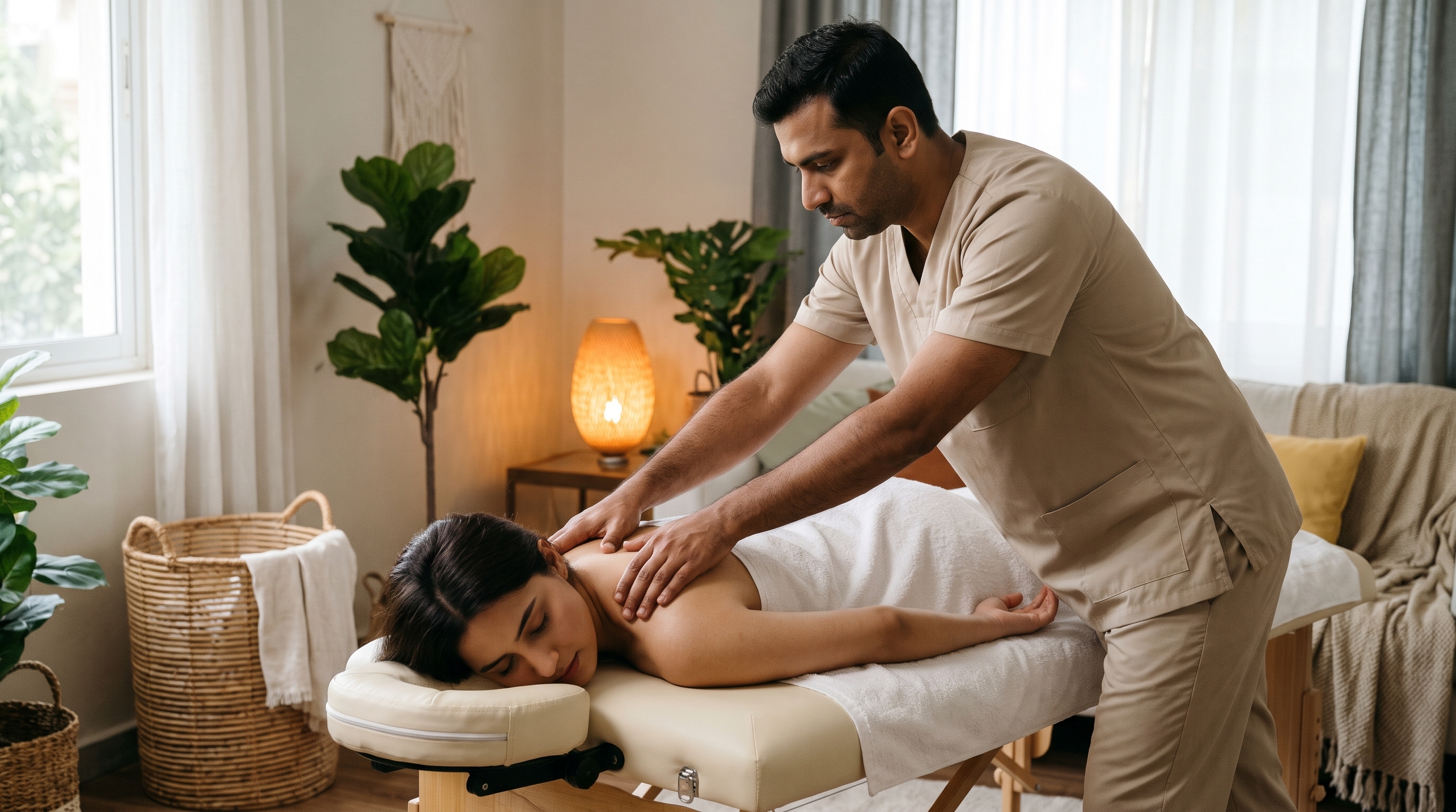 A professional male therapist giving a massage to a female client on a massage table in a relaxed home setting.